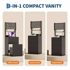 3 in 1 Vanity Desk with Flip up Mirror and Lights, Compact Makeup Vanity Set with Hidden Storage Stool, Small Dressing Table for Bedroom, Black