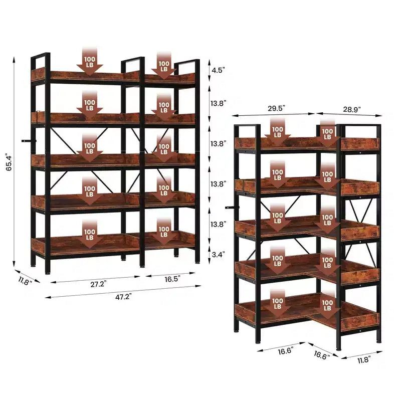 L Shaped Reversible Corner 5 Tier Bookcase, Industrial Wood Bookcase, 65 Inch Etagere Bookshelf with Adjustable Feet and Metal Frame for Living Room