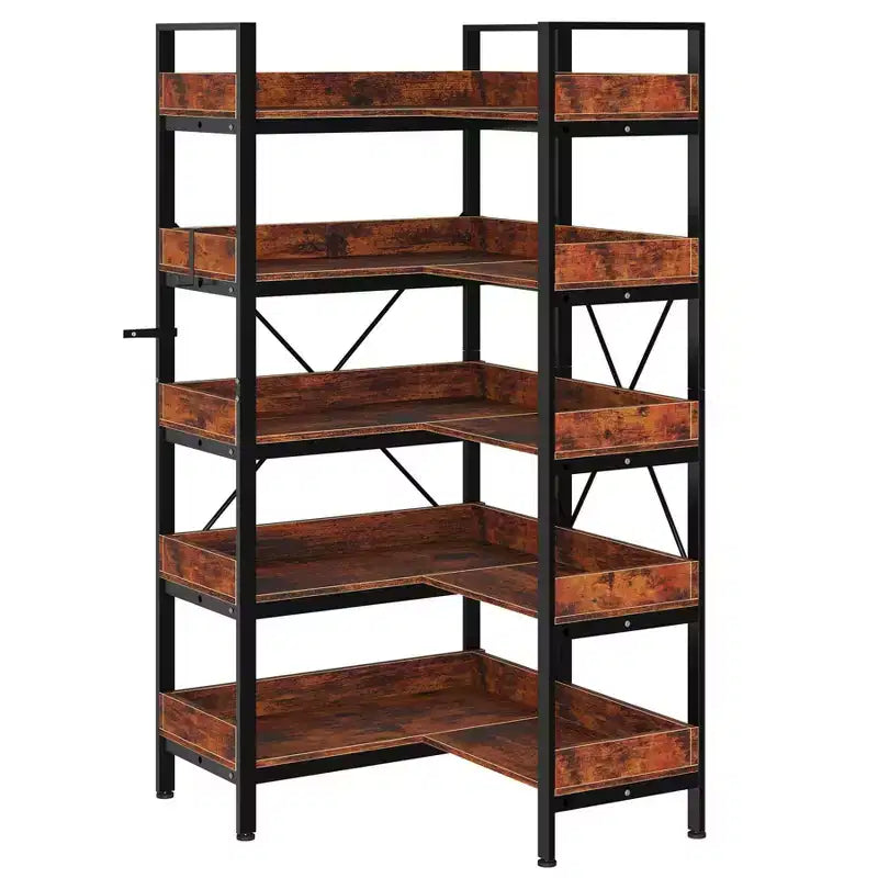 L Shaped Reversible Corner 5 Tier Bookcase, Industrial Wood Bookcase, 65 Inch Etagere Bookshelf with Adjustable Feet and Metal Frame for Living Room
