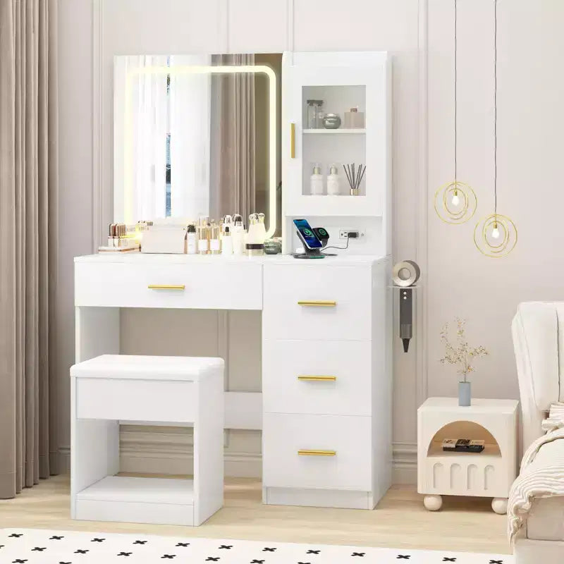COZONY Vanity Desk with Mirror & Lights, Makeup Table w/ Charging Station, 4 Drawers & Stool
