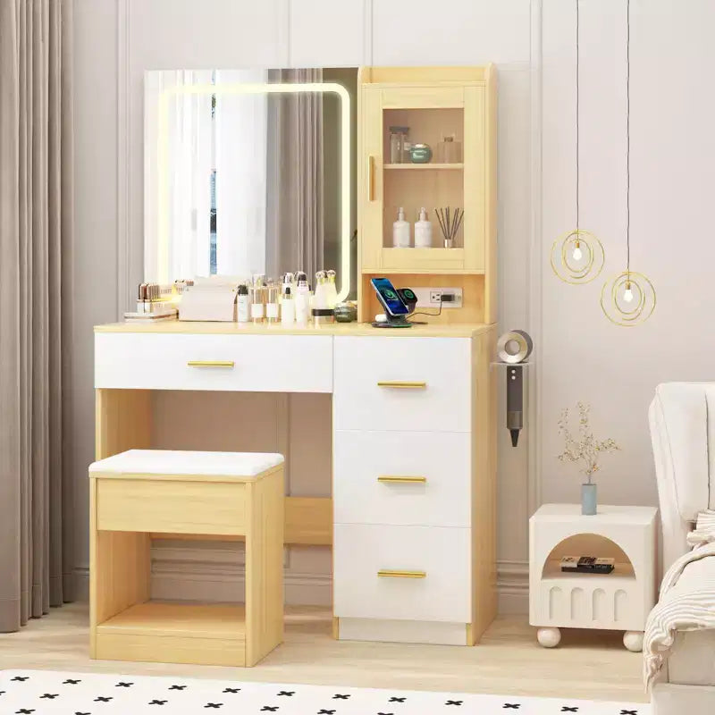 COZONY Vanity Desk with Mirror & Lights, Makeup Table w/ Charging Station, 4 Drawers & Stool
