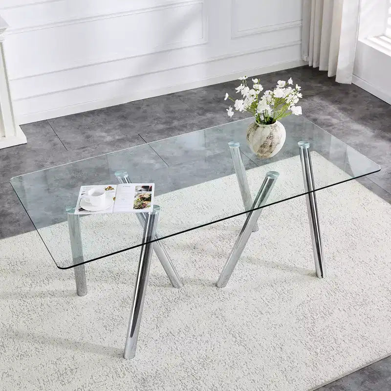 71-Inch Tempered Glass Dining Table with Sturdy Metal Legs, Impact and Heat Resistant for Family Dining