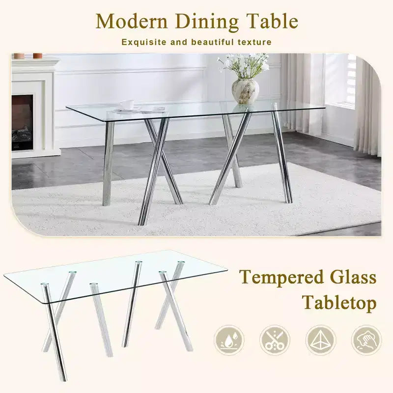 71-Inch Tempered Glass Dining Table with Sturdy Metal Legs, Impact and Heat Resistant for Family Dining