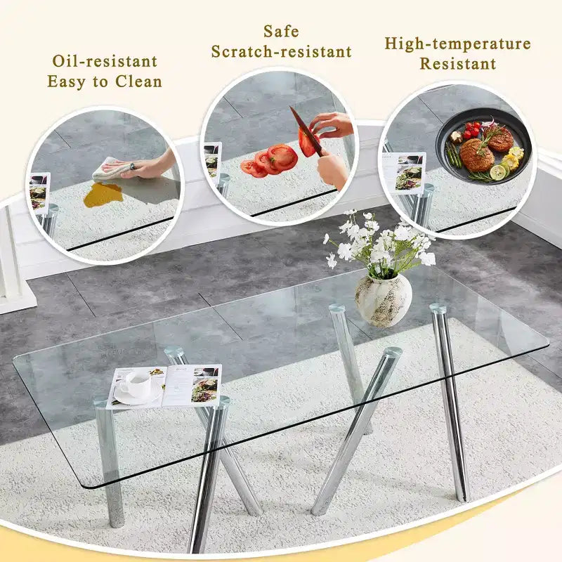71-Inch Tempered Glass Dining Table with Sturdy Metal Legs, Impact and Heat Resistant for Family Dining