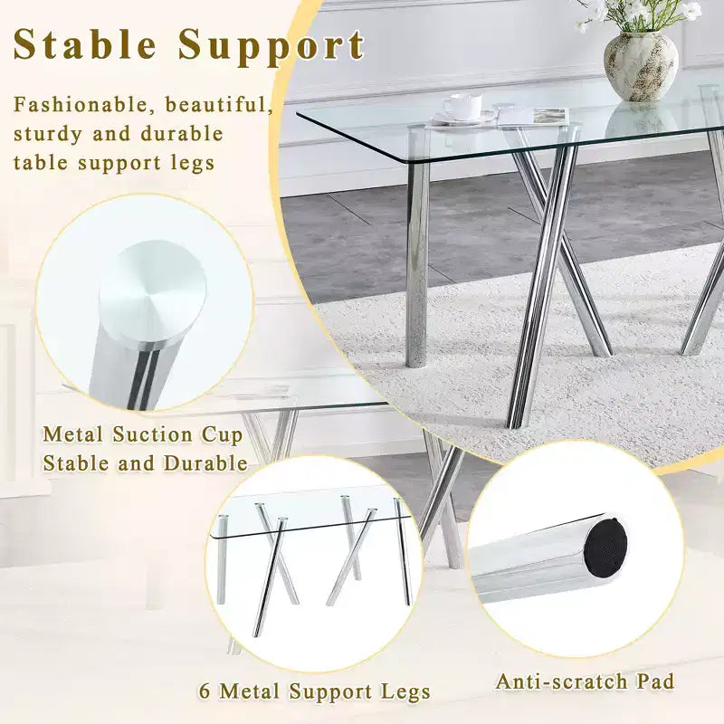 71-Inch Tempered Glass Dining Table with Sturdy Metal Legs, Impact and Heat Resistant for Family Dining