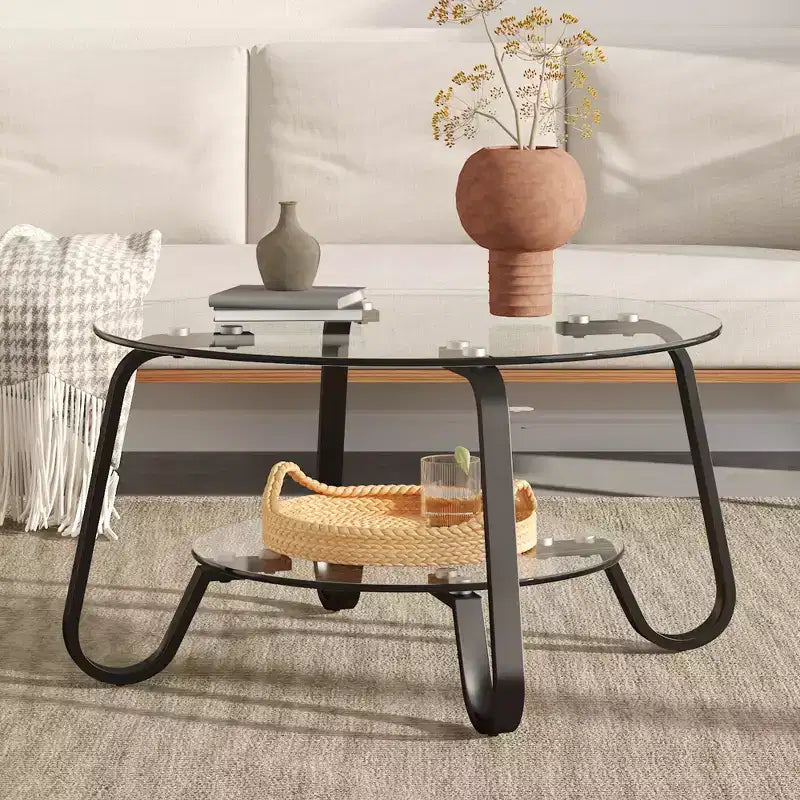 Retro Minimalist Metal Frame Coffee Table with Double Tempered Glass Layers, Size 31.5x31.5x17.7 Inches