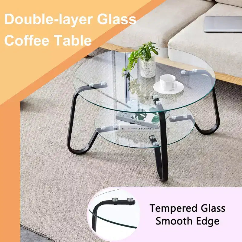 Retro Minimalist Metal Frame Coffee Table with Double Tempered Glass Layers, Size 31.5x31.5x17.7 Inches