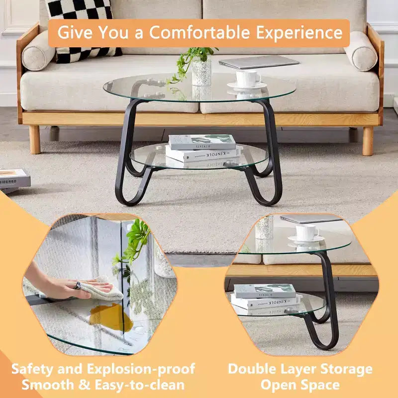 Retro Minimalist Metal Frame Coffee Table with Double Tempered Glass Layers, Size 31.5x31.5x17.7 Inches
