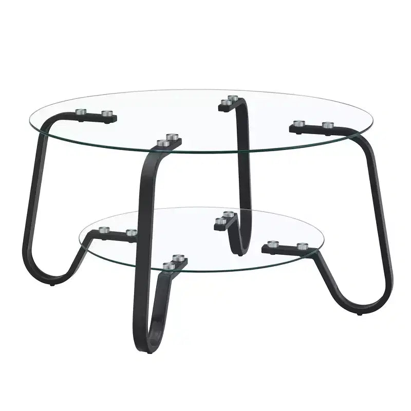 Retro Minimalist Metal Frame Coffee Table with Double Tempered Glass Layers, Size 31.5x31.5x17.7 Inches