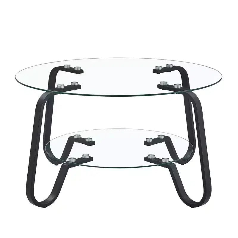 Retro Minimalist Metal Frame Coffee Table with Double Tempered Glass Layers, Size 31.5x31.5x17.7 Inches