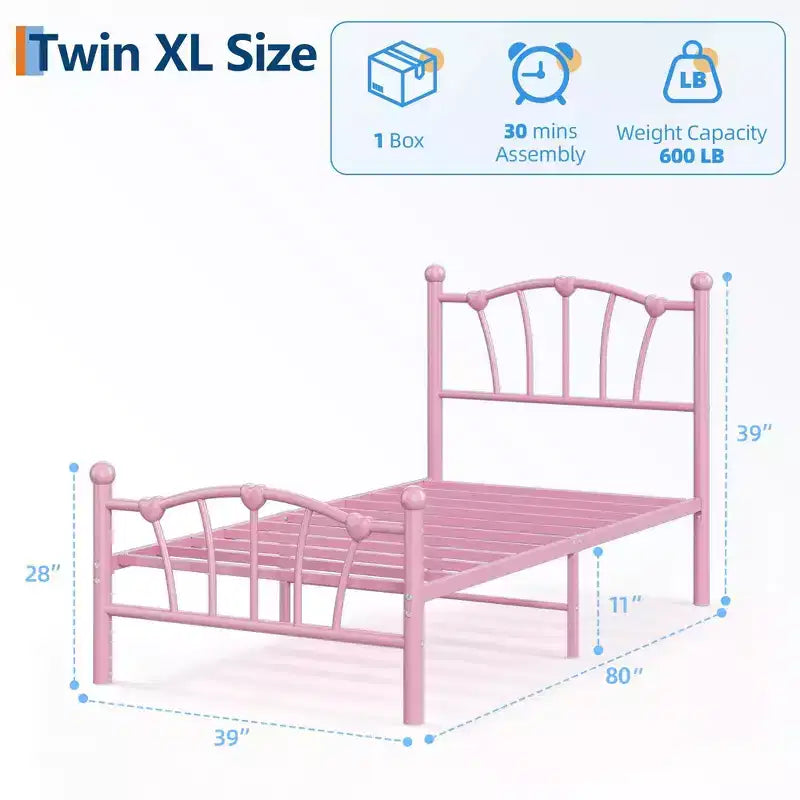 Chic Heart-Shaped Metal Platform Bed Frame - Sturdy Platform with Slat Support, Underbed Storage, No Box Spring Needed - Twin Size, White