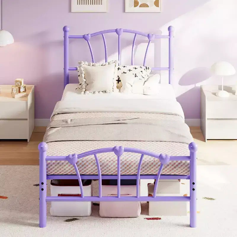 Chic Heart-Shaped Metal Platform Bed Frame - Sturdy Platform with Slat Support, Underbed Storage, No Box Spring Needed - Twin Size, White