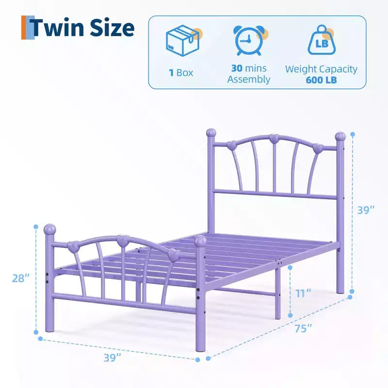 Chic Heart-Shaped Metal Platform Bed Frame - Sturdy Platform with Slat Support, Underbed Storage, No Box Spring Needed - Twin Size, White