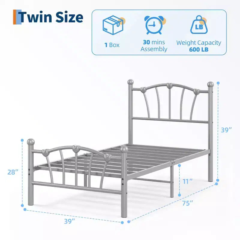 Chic Heart-Shaped Metal Platform Bed Frame - Sturdy Platform with Slat Support, Underbed Storage, No Box Spring Needed - Twin Size, White
