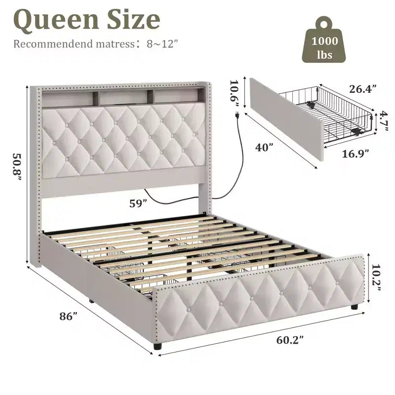 Soft Upholstered Platform Bed Frame with 4 Storage Drawers - Tall Headboard - Noise-Free - Easy Assembly - No Box Early Season Needed