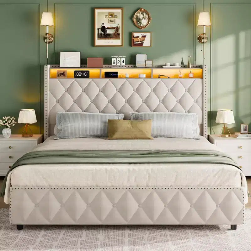 Soft Upholstered Platform Bed Frame with 4 Storage Drawers - Tall Headboard - Noise-Free - Easy Assembly - No Box Early Season Needed