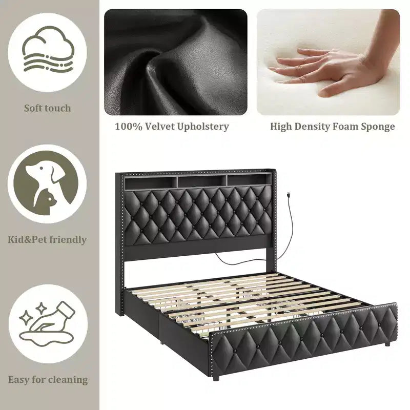 Soft Upholstered Platform Bed Frame with 4 Storage Drawers - Tall Headboard - Noise-Free - Easy Assembly - No Box Early Season Needed