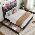 Soft Upholstered Platform Bed Frame with 4 Storage Drawers - Tall Headboard - Noise-Free - Easy Assembly - No Box Early Season Needed