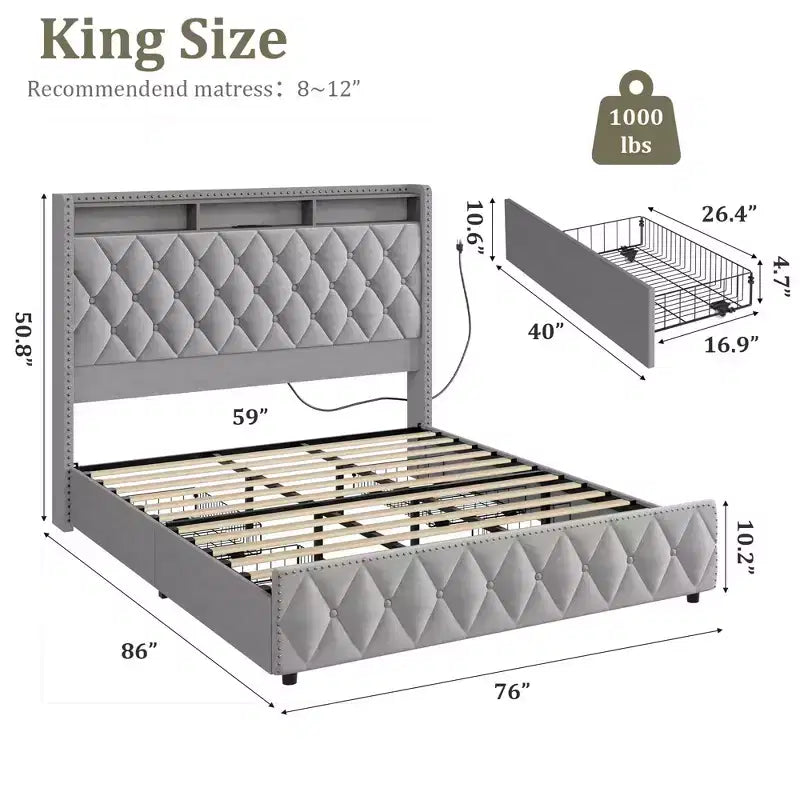 Soft Upholstered Platform Bed Frame with 4 Storage Drawers - Tall Headboard - Noise-Free - Easy Assembly - No Box Early Season Needed