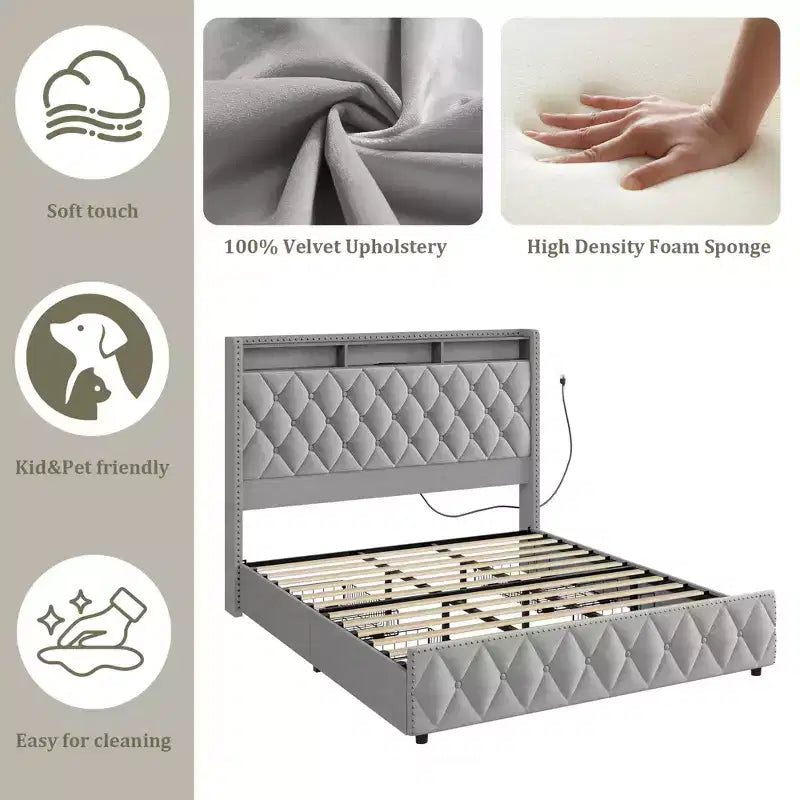 Soft Upholstered Platform Bed Frame with 4 Storage Drawers - Tall Headboard - Noise-Free - Easy Assembly - No Box Early Season Needed
