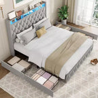 Soft Upholstered Platform Bed Frame with 4 Storage Drawers - Tall Headboard - Noise-Free - Easy Assembly - No Box Early Season Needed