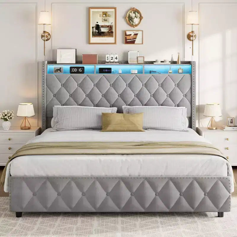Soft Upholstered Platform Bed Frame with 4 Storage Drawers - Tall Headboard - Noise-Free - Easy Assembly - No Box Early Season Needed