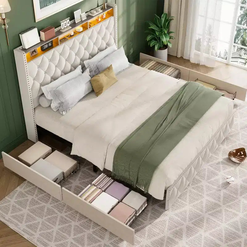 Soft Upholstered Platform Bed Frame with 4 Storage Drawers - Tall Headboard - Noise-Free - Easy Assembly - No Box Early Season Needed