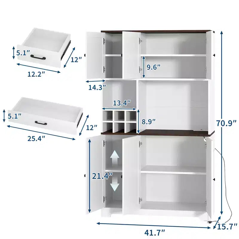 71 Inch Tall White Kitchen Pantry Cabinet, Modern Farmhouse Kitchen Hutch Storage Cabinet, Freestanding Coffee Bar Station with Storage