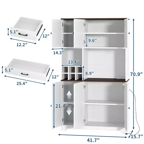71 Inch Tall White Kitchen Pantry Cabinet, Modern Farmhouse Kitchen Hutch Storage Cabinet, Freestanding Coffee Bar Station with Storage