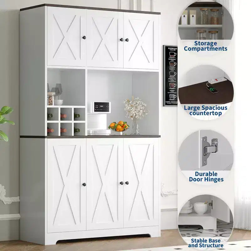 71 Inch Tall White Kitchen Pantry Cabinet, Modern Farmhouse Kitchen Hutch Storage Cabinet, Freestanding Coffee Bar Station with Storage