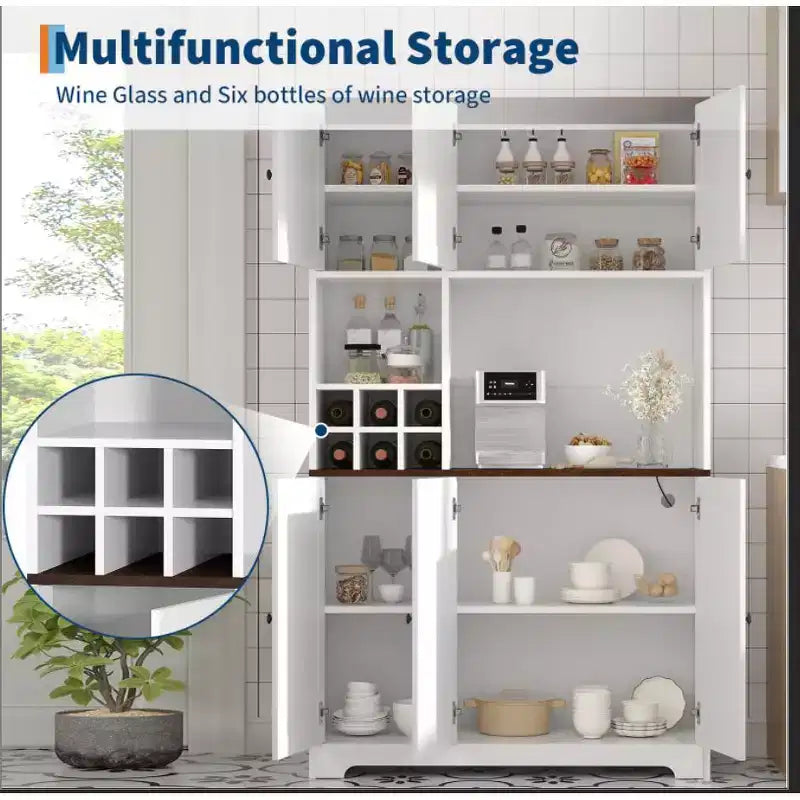 71 Inch Tall White Kitchen Pantry Cabinet, Modern Farmhouse Kitchen Hutch Storage Cabinet, Freestanding Coffee Bar Station with Storage
