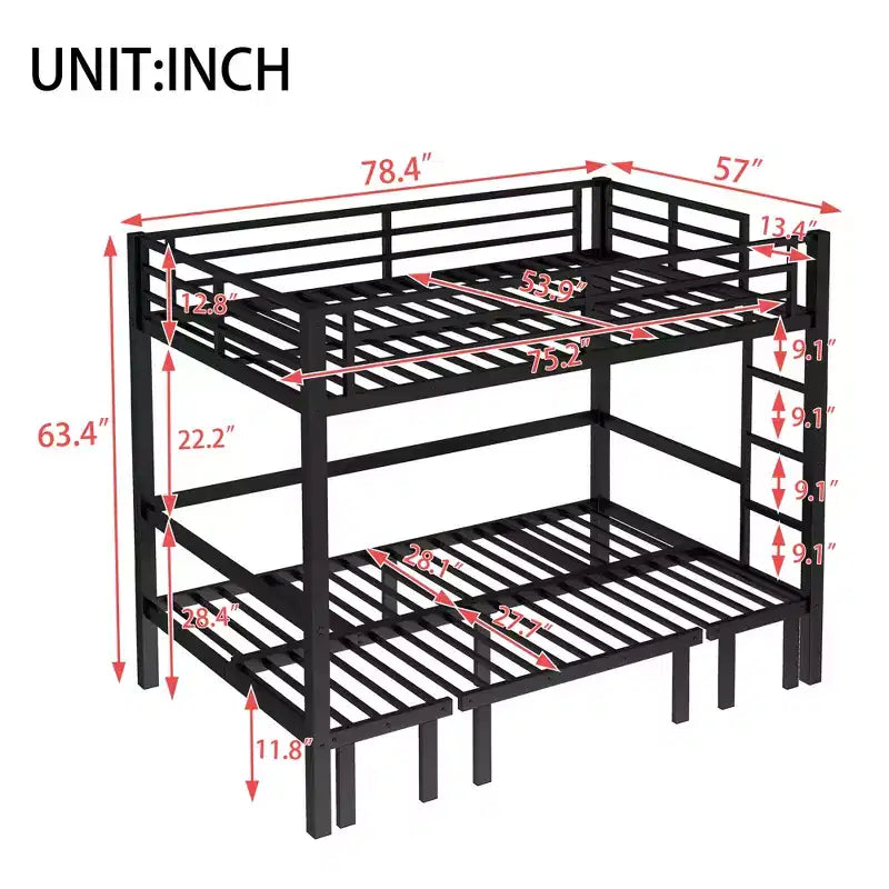 GDFStudio Arpita Modern Metal Bunk Bed with Safety Rails and Three Independent Pull-Out Sections
