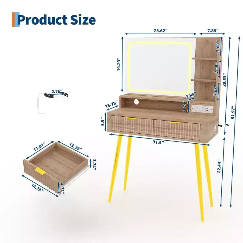 31.5 LED Makeup Vanity Desk with Mirror and 2 Drawers for Bedroom Storage and Organization