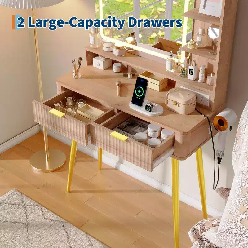 31.5 LED Makeup Vanity Desk with Mirror and 2 Drawers for Bedroom Storage and Organization