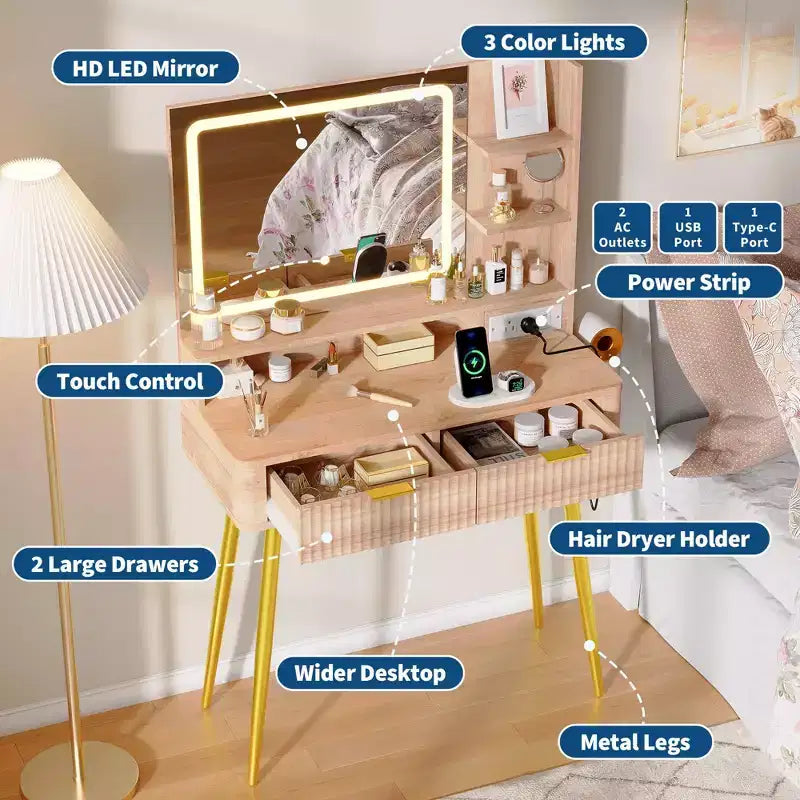 31.5 LED Makeup Vanity Desk with Mirror and 2 Drawers for Bedroom Storage and Organization