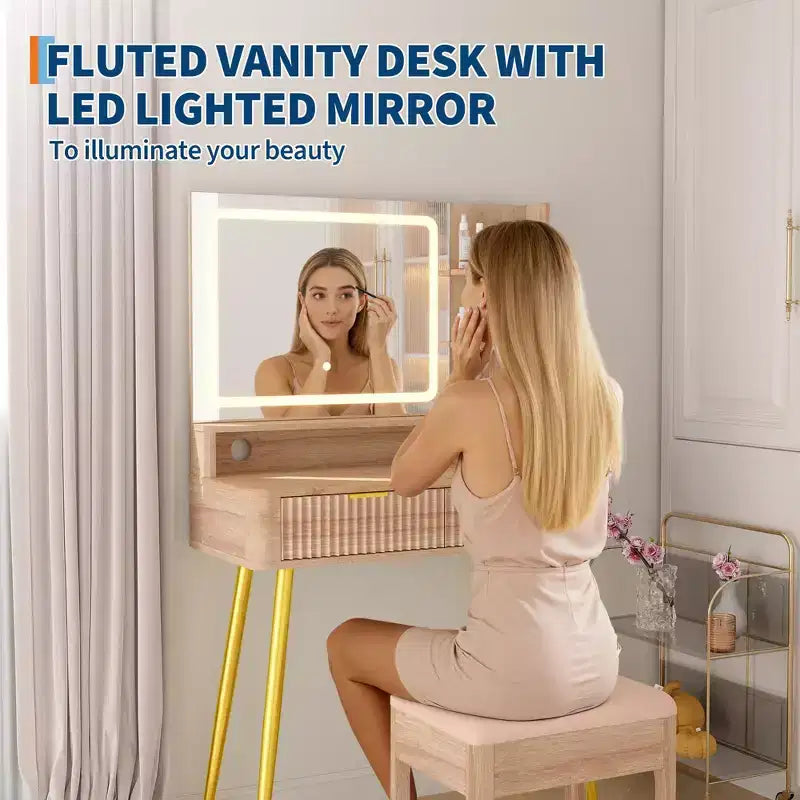 31.5 LED Makeup Vanity Desk with Mirror and 2 Drawers for Bedroom Storage and Organization