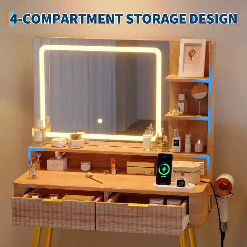 31.5 LED Makeup Vanity Desk with Mirror and 2 Drawers for Bedroom Storage and Organization