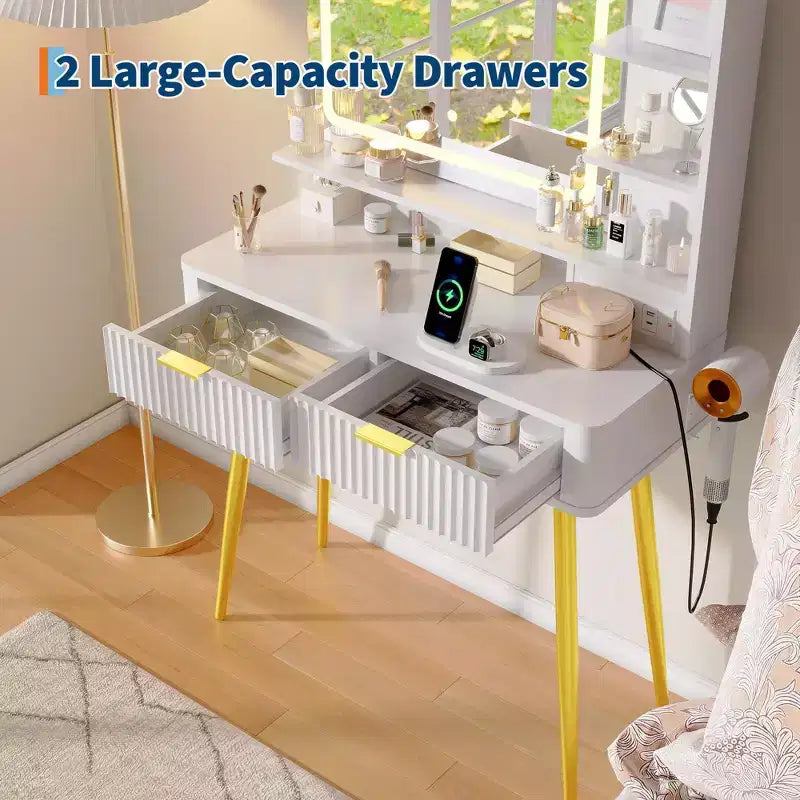 31.5 LED Makeup Vanity Desk with Mirror and 2 Drawers for Bedroom Storage and Organization