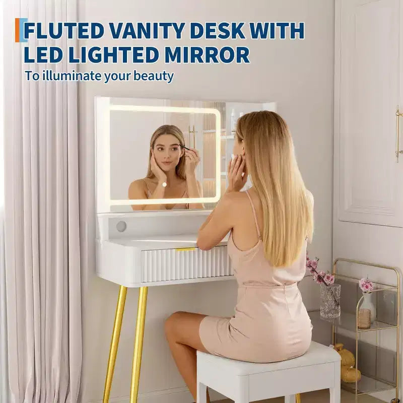 31.5 LED Makeup Vanity Desk with Mirror and 2 Drawers for Bedroom Storage and Organization