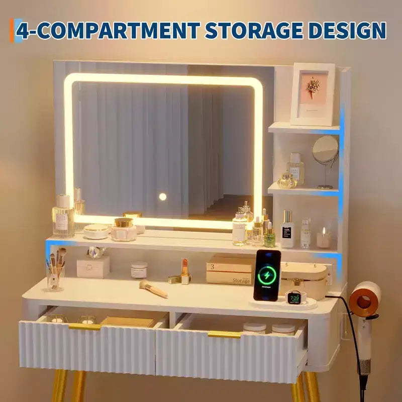31.5 LED Makeup Vanity Desk with Mirror and 2 Drawers for Bedroom Storage and Organization
