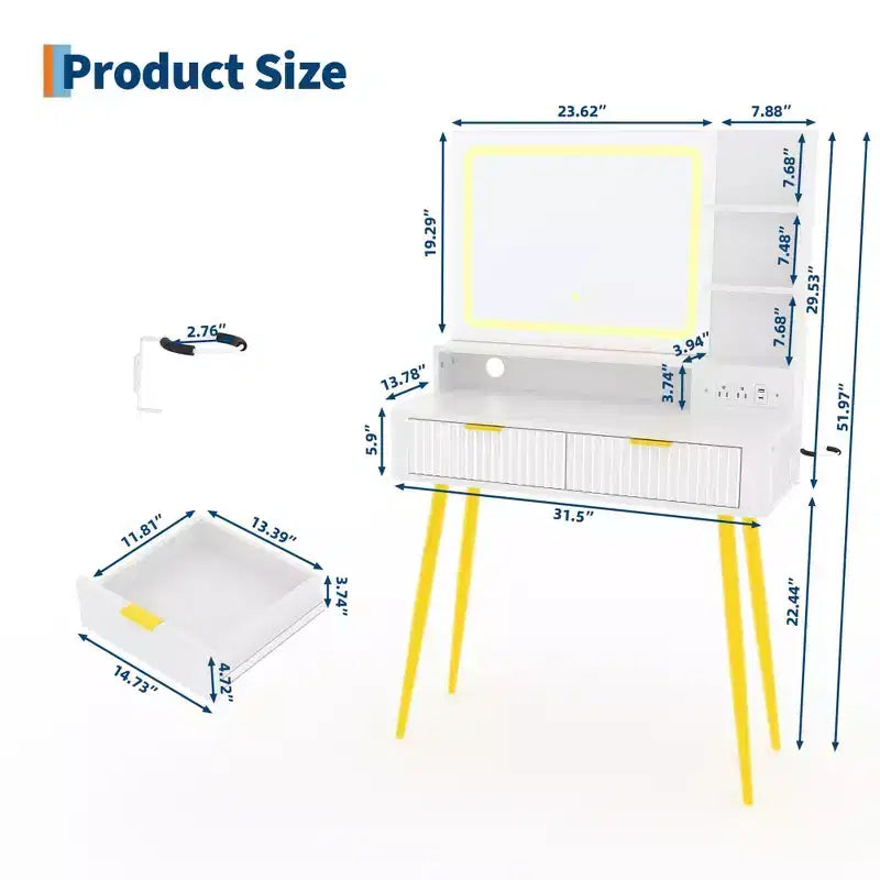 31.5 LED Makeup Vanity Desk with Mirror and 2 Drawers for Bedroom Storage and Organization