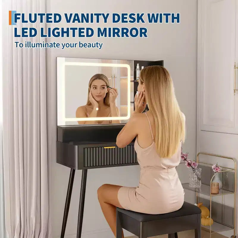 31.5 LED Makeup Vanity Desk with Mirror and 2 Drawers for Bedroom Storage and Organization