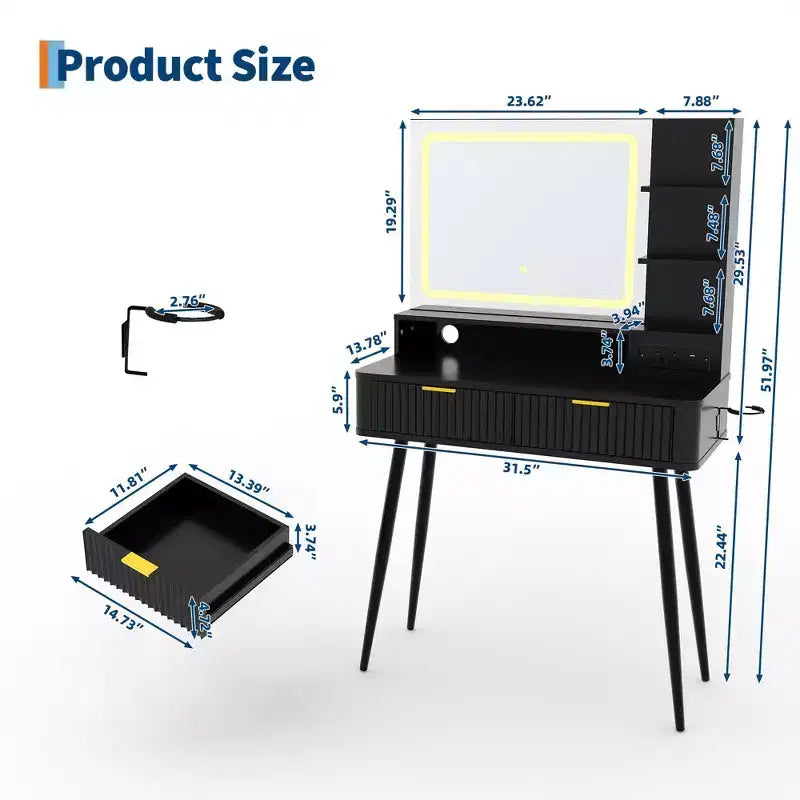 31.5 LED Makeup Vanity Desk with Mirror and 2 Drawers for Bedroom Storage and Organization