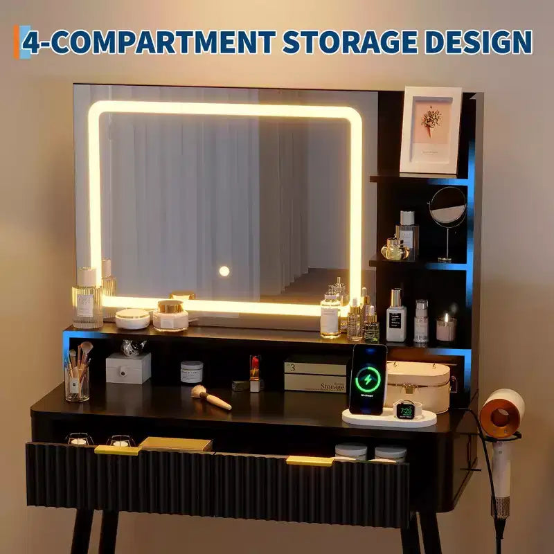 31.5 LED Makeup Vanity Desk with Mirror and 2 Drawers for Bedroom Storage and Organization