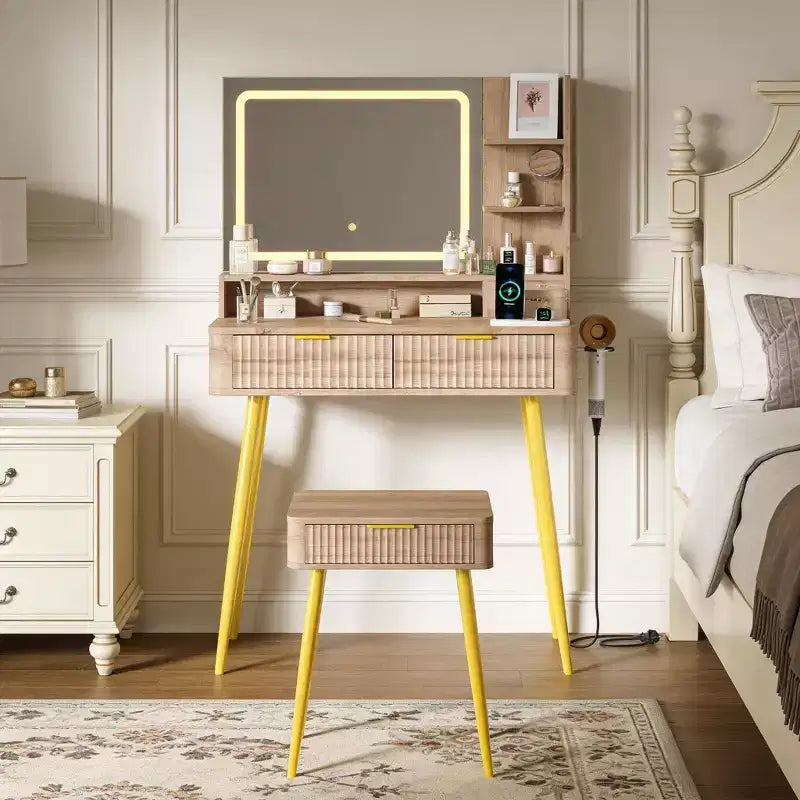 31.5 LED Makeup Vanity Desk with Mirror and 2 Drawers for Bedroom Storage and Organization