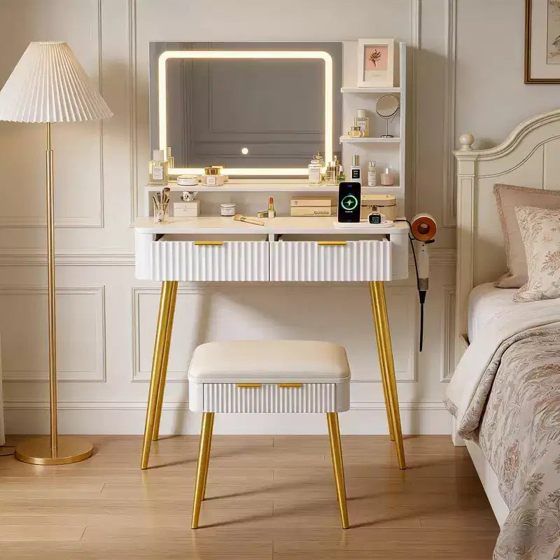 31.5 LED Makeup Vanity Desk with Mirror and 2 Drawers for Bedroom Storage and Organization