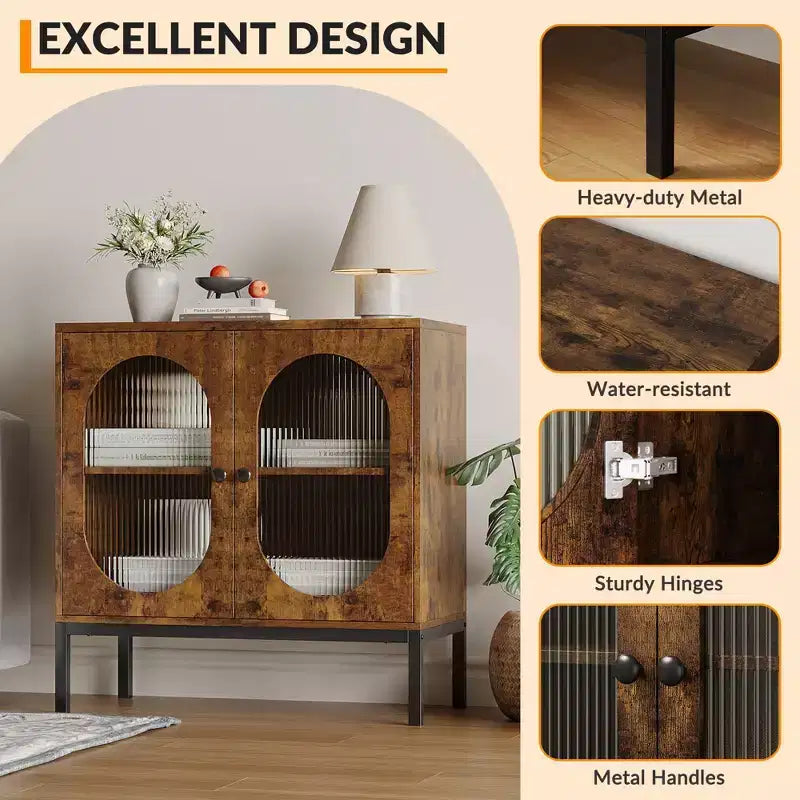 Modern Rattan Buffet Cabinet with Doors  Wooden Storage Sideboard for Dining Room, Kitchen with Metal Feet