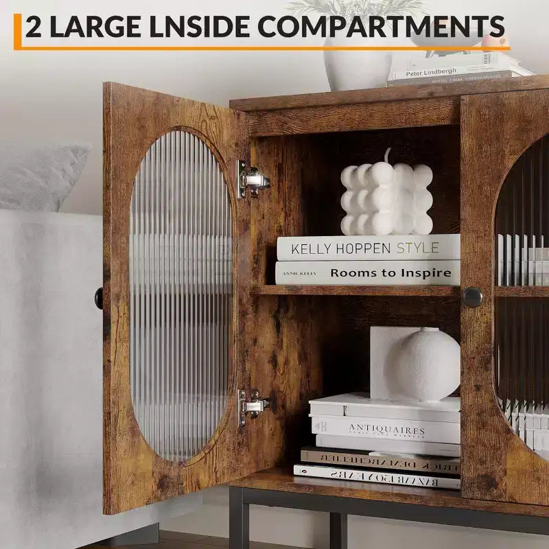 Modern Rattan Buffet Cabinet with Doors  Wooden Storage Sideboard for Dining Room, Kitchen with Metal Feet