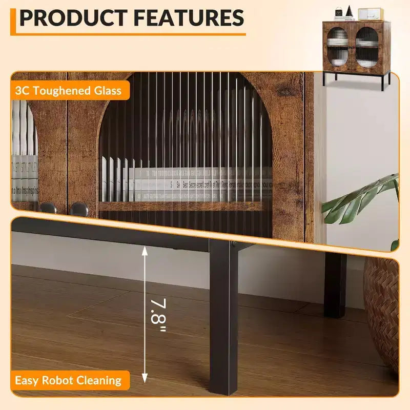 Modern Rattan Buffet Cabinet with Doors  Wooden Storage Sideboard for Dining Room, Kitchen with Metal Feet