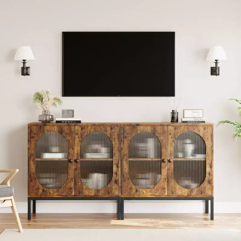 Modern Rattan Buffet Cabinet with Doors  Wooden Storage Sideboard for Dining Room, Kitchen with Metal Feet